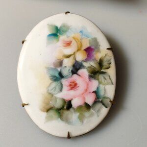 Victorian Porcelain Floral Brooch Vintage Hand Painted  Brass Backing C Clasp